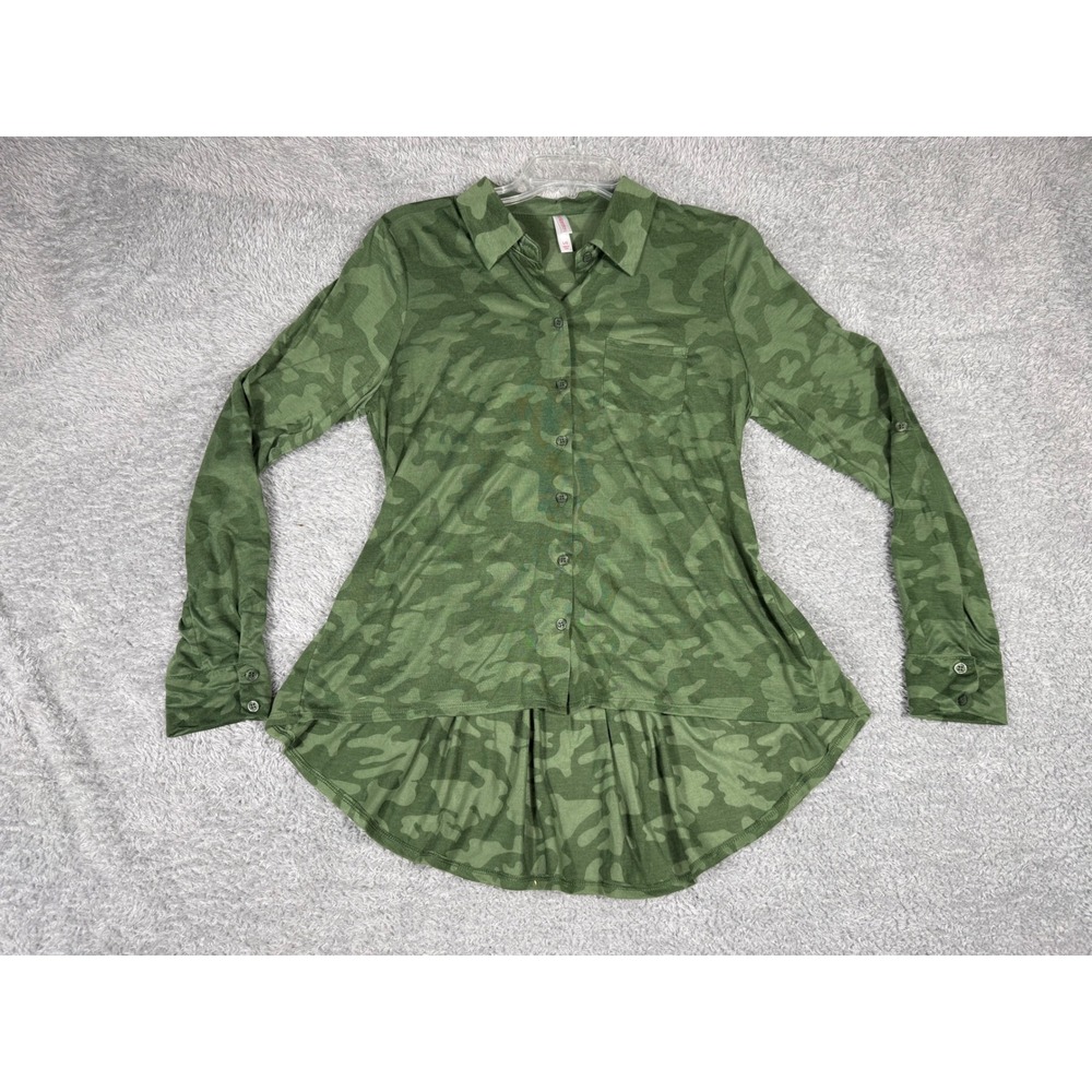 Xhilaration Camo Button Down Top Women Large Green Y2K  Peplum High Low Hem